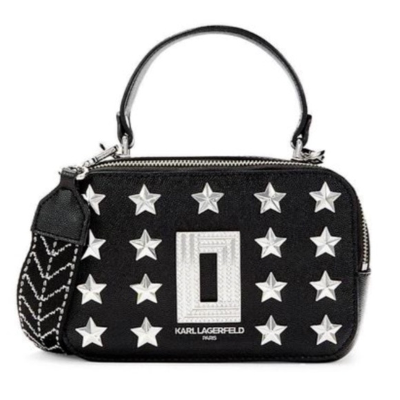 KARL LAGERFELD Paris Simone Star Studded Crossbody Top Handle Black Rhinestone - Picture 1 of 10